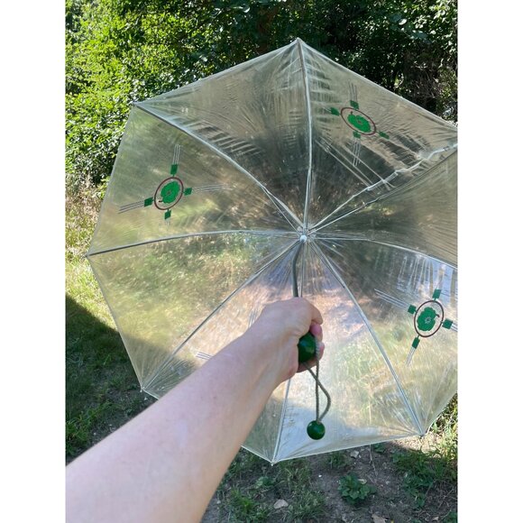 Vintage 1960s Clear Vinyl Bubble Umbrella Green Flowers & Handle - Picture 12 of 16